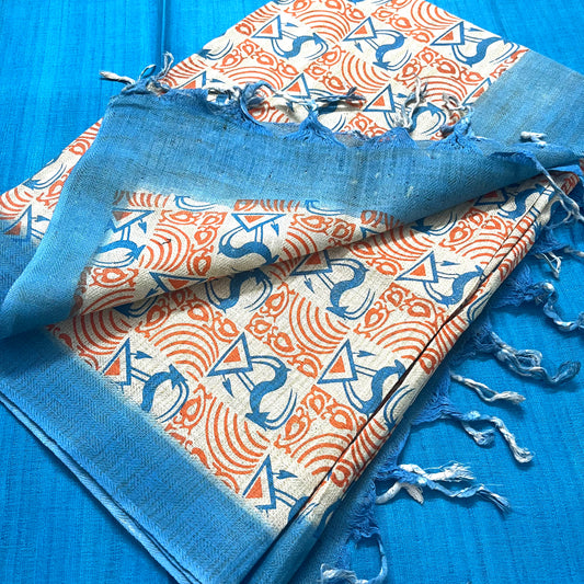 Cream orange and blue bhagalpuri print suit