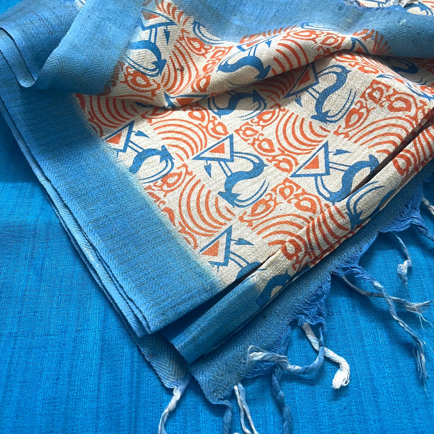 Cream orange and blue bhagalpuri print suit