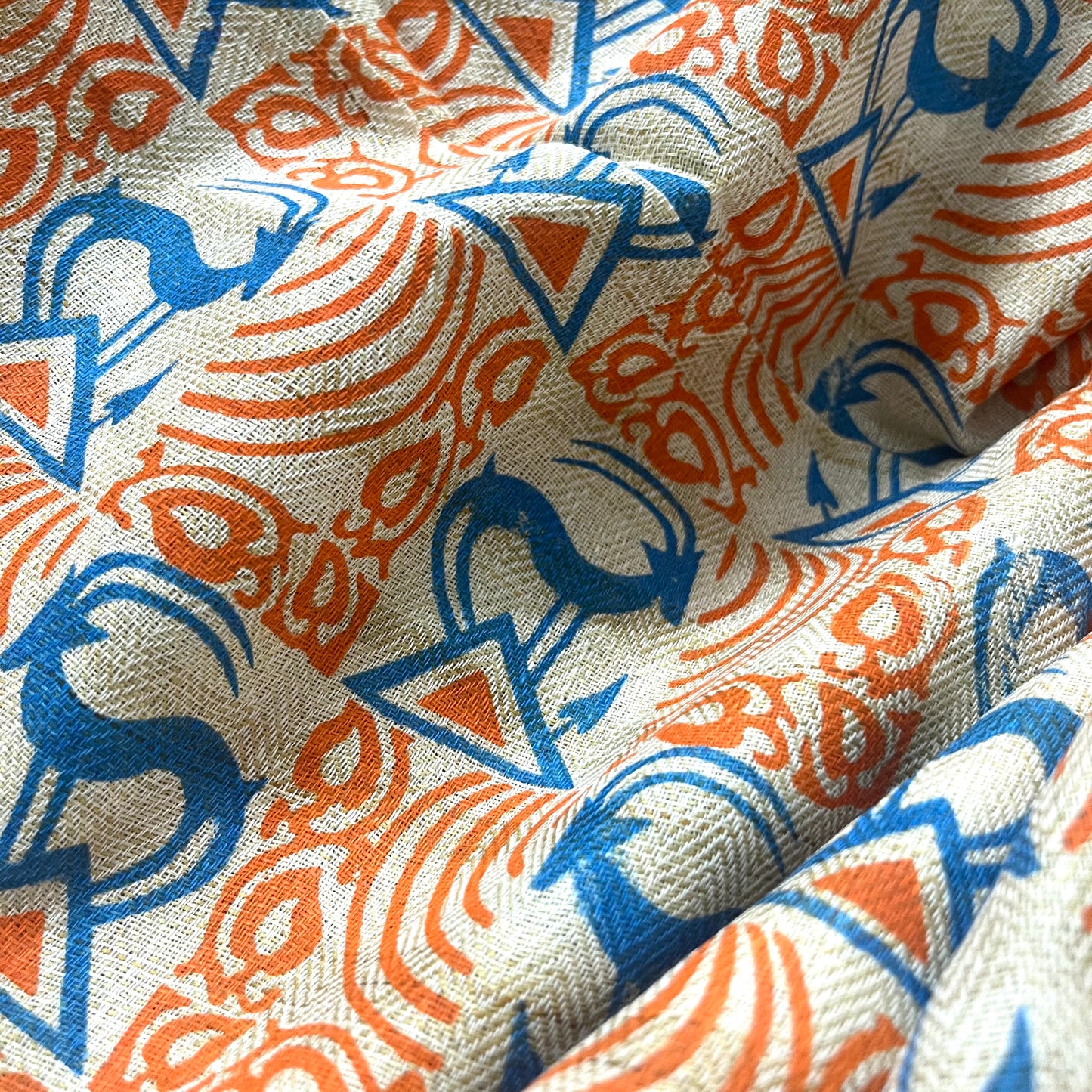 Cream orange and blue bhagalpuri print suit