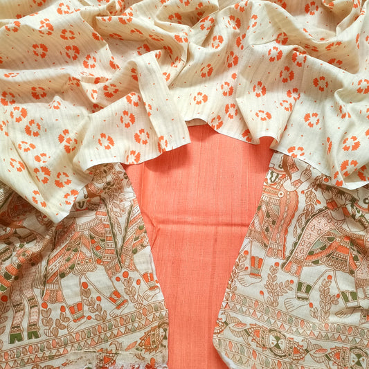 Cream and peach bhagalpuri print suit