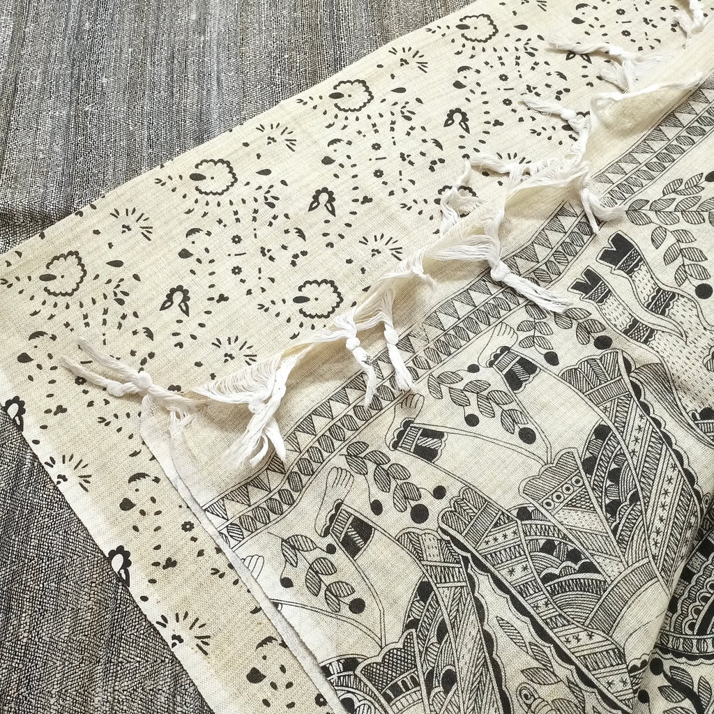 Cream and black Bhagalpuri print suit
