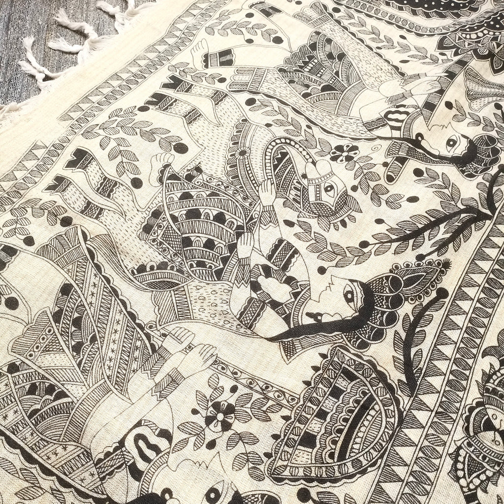 Cream and black Bhagalpuri print suit