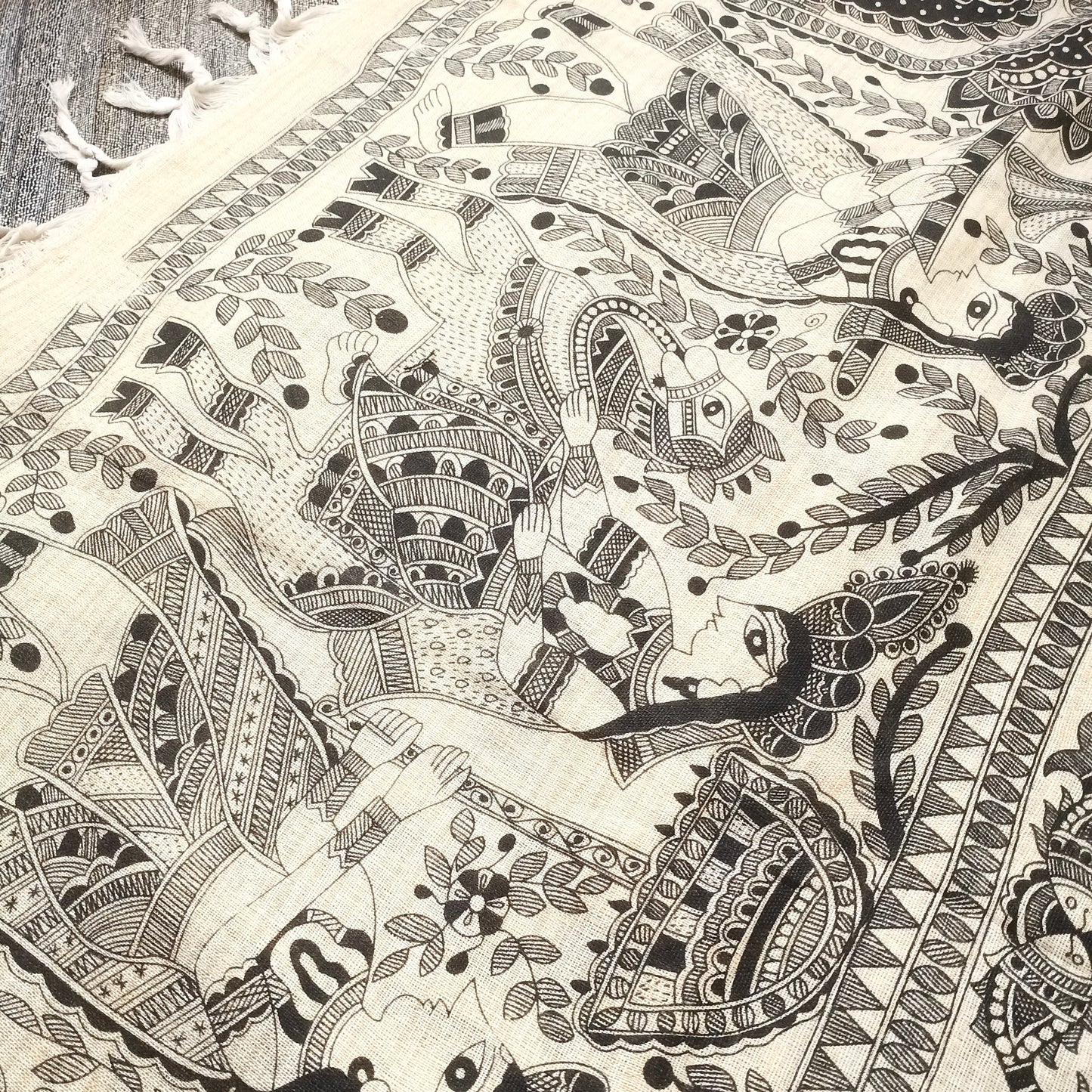 Cream and black Bhagalpuri print suit
