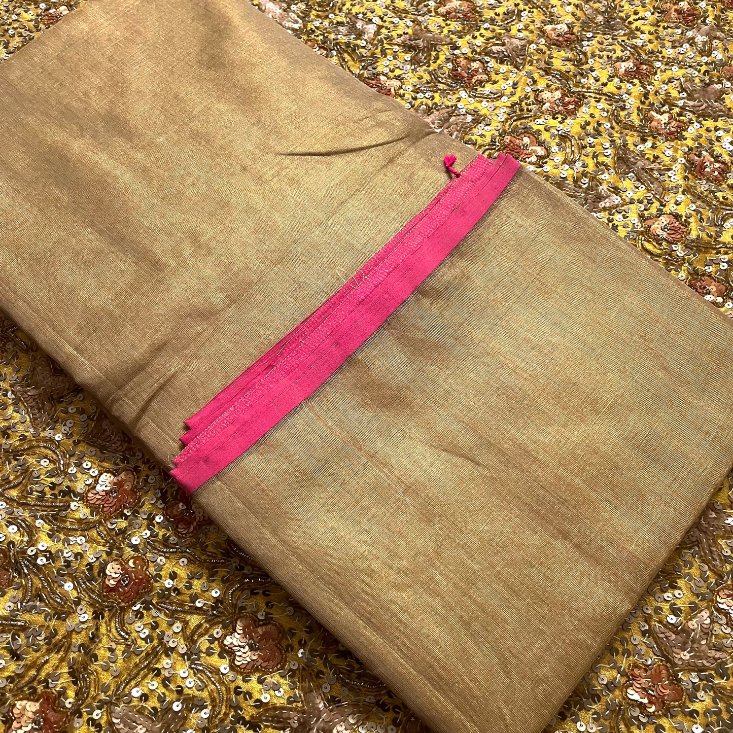 Antique gold & pink maheshwari tissue silk saree with zari lines on pallu