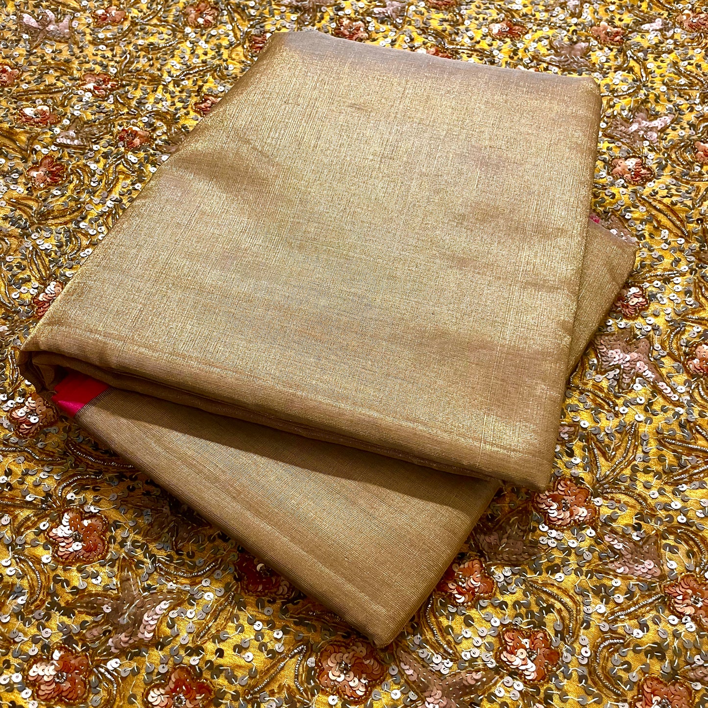 (Shop the look) Antique gold & pink maheshwari tissue silk saree with zari lines on pallu