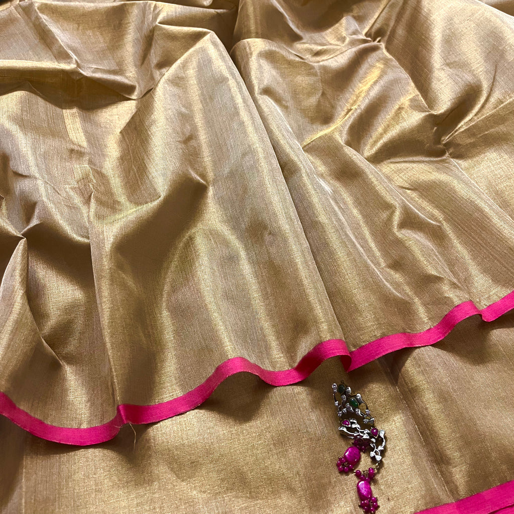 Antique gold & pink maheshwari tissue silk saree with zari lines on pallu