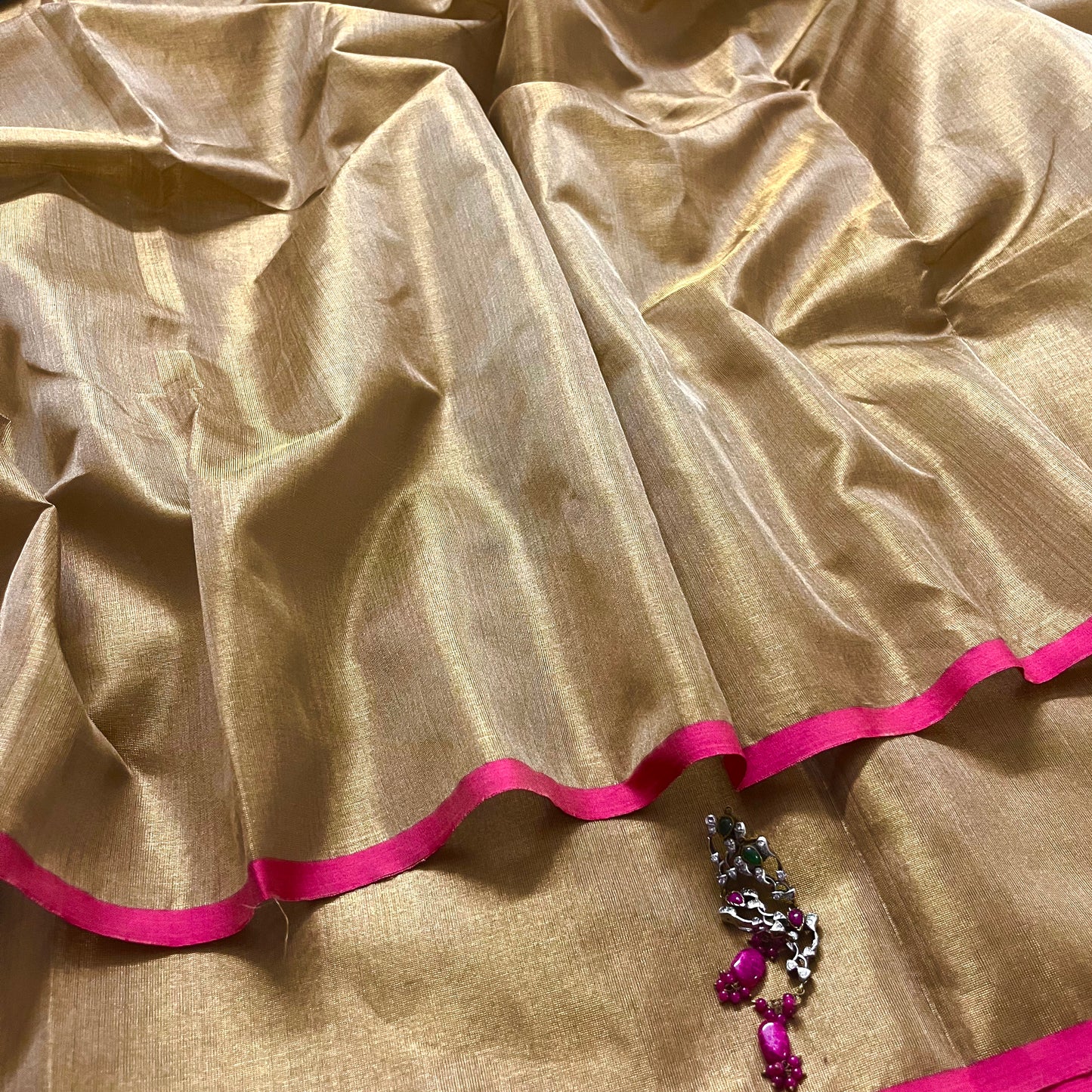 Antique gold & pink maheshwari tissue silk saree with zari lines on pallu