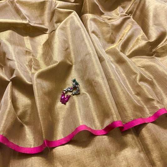 Antique gold & pink maheshwari tissue silk saree with zari lines on pallu