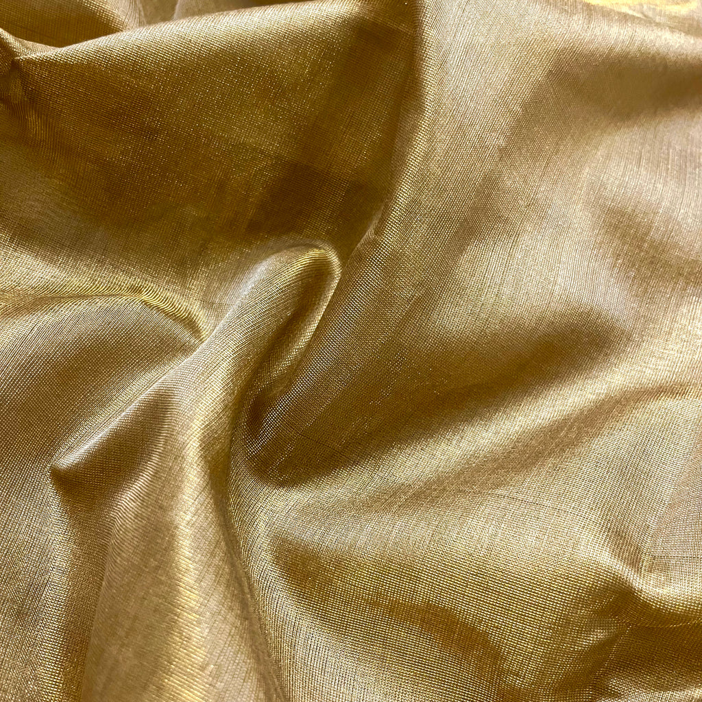 Antique gold & pink maheshwari tissue silk saree with zari lines on pallu