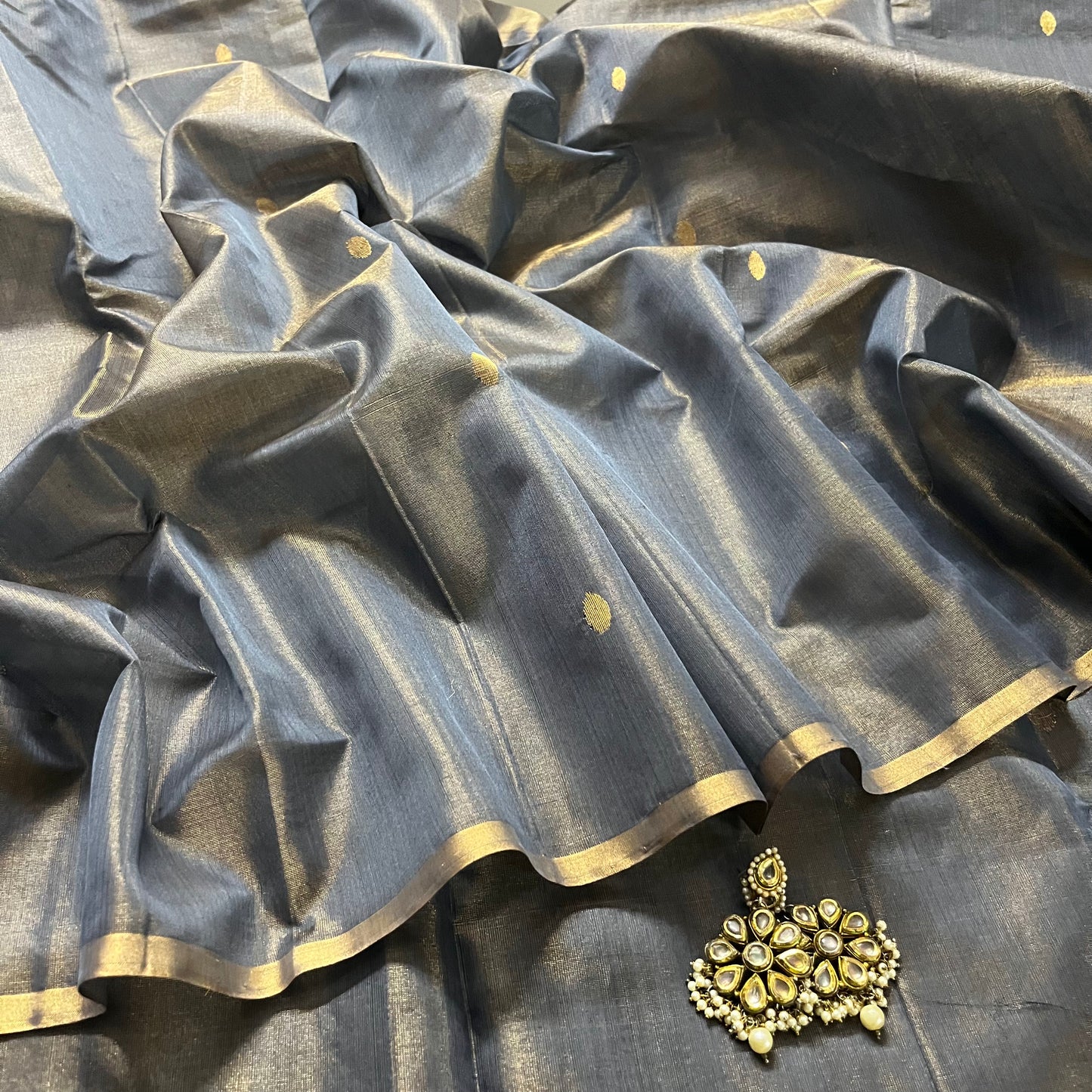 Grey gold maheshwari tissue silk saree with zari bootis all over
