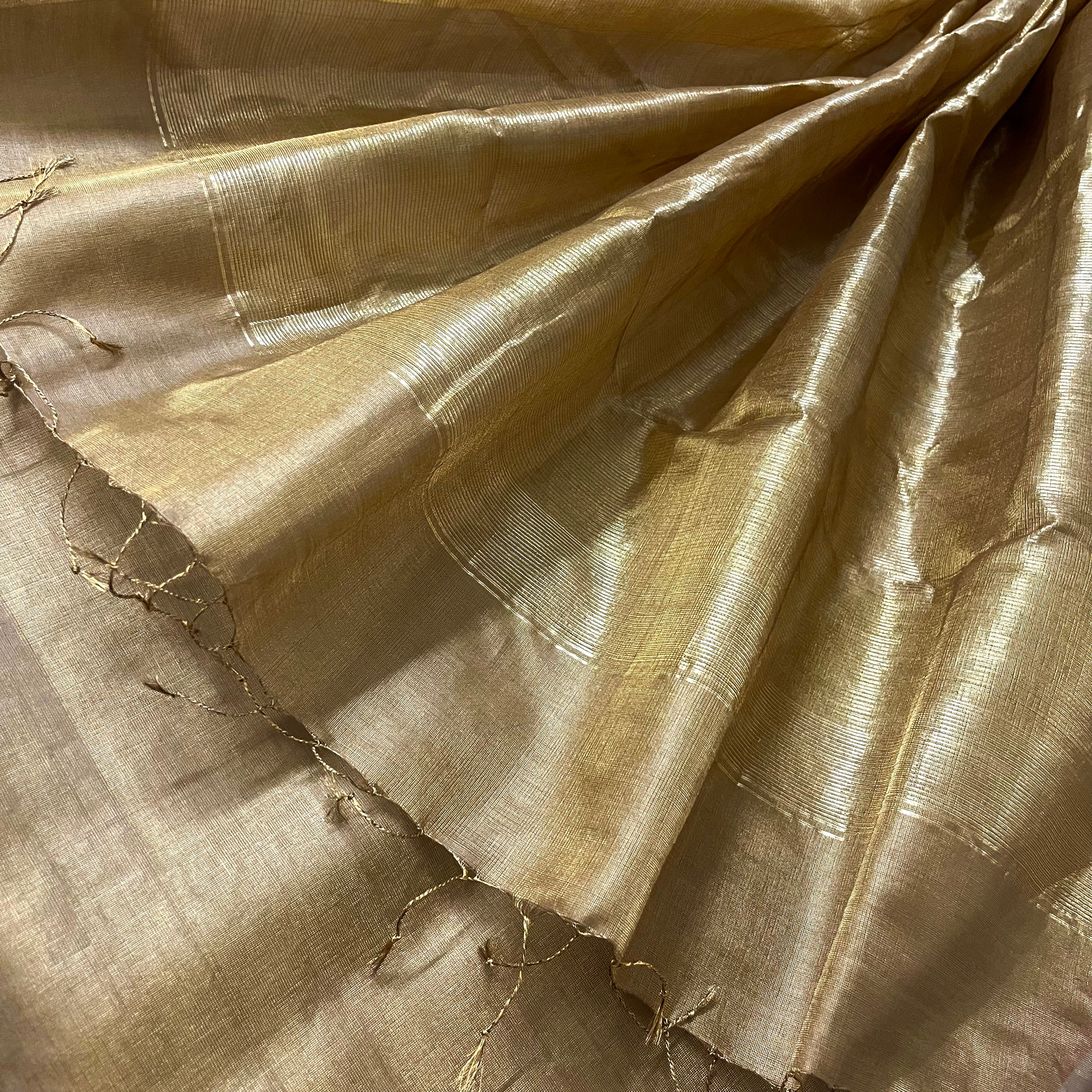 Antique gold & pink maheshwari tissue silk saree with zari lines on pallu