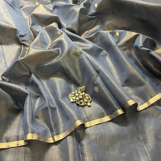 Grey gold maheshwari tissue silk saree with zari bootis all over