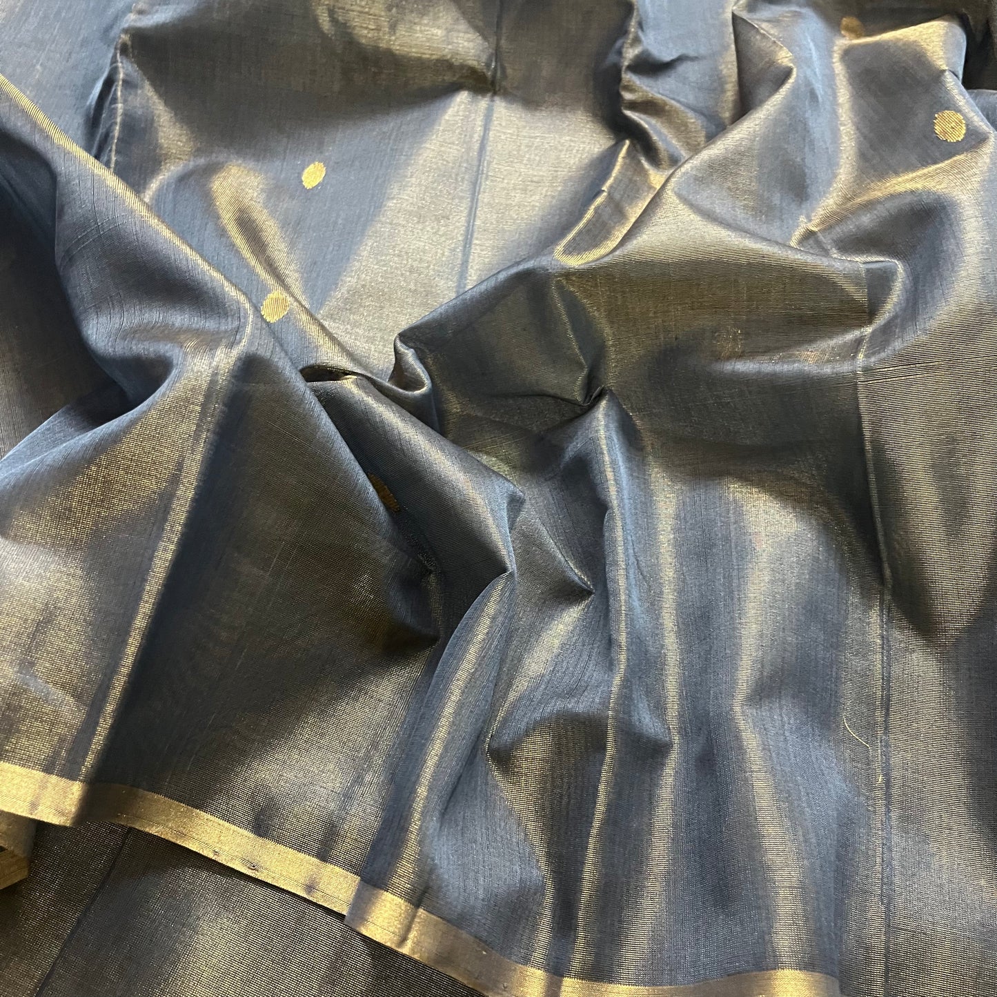 Grey gold maheshwari tissue silk saree with zari bootis all over