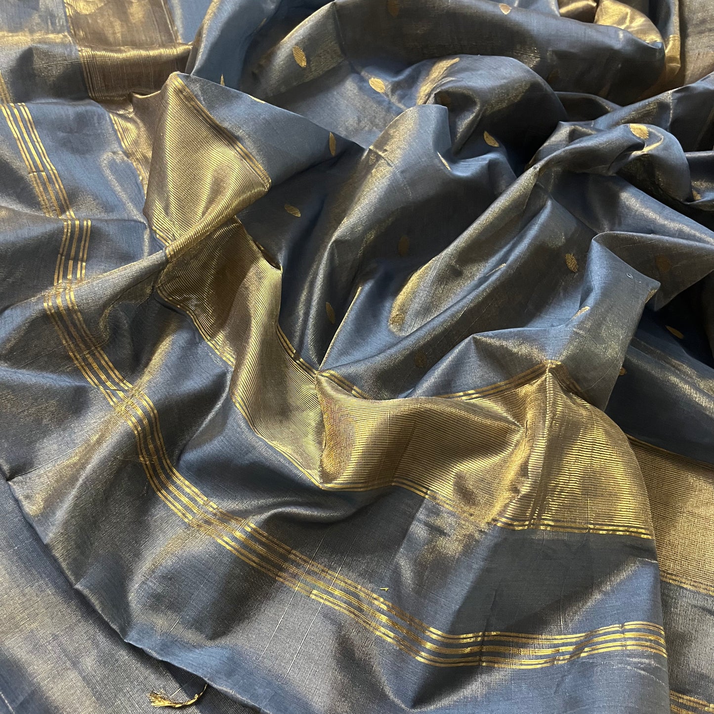 Grey gold maheshwari tissue silk saree with zari bootis all over