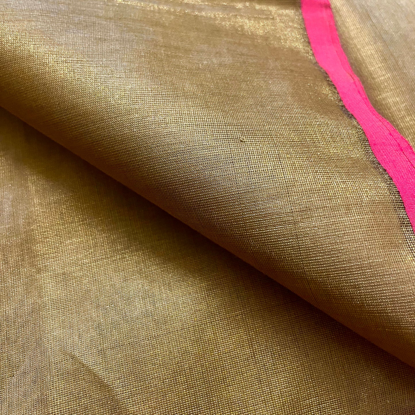 Antique gold & pink maheshwari tissue silk saree with zari lines on pallu