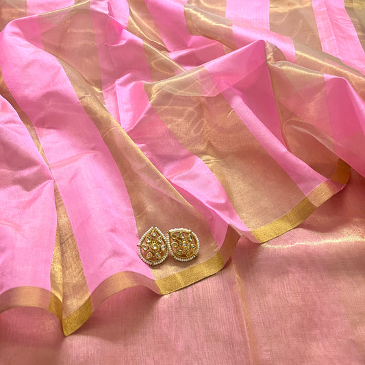 Pink and gold chanderi silk saree with zari stripes