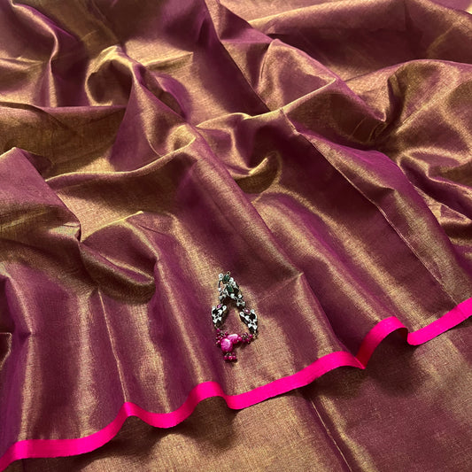 Wine & pink maheshwari tissue silk saree with zari lines on pallu