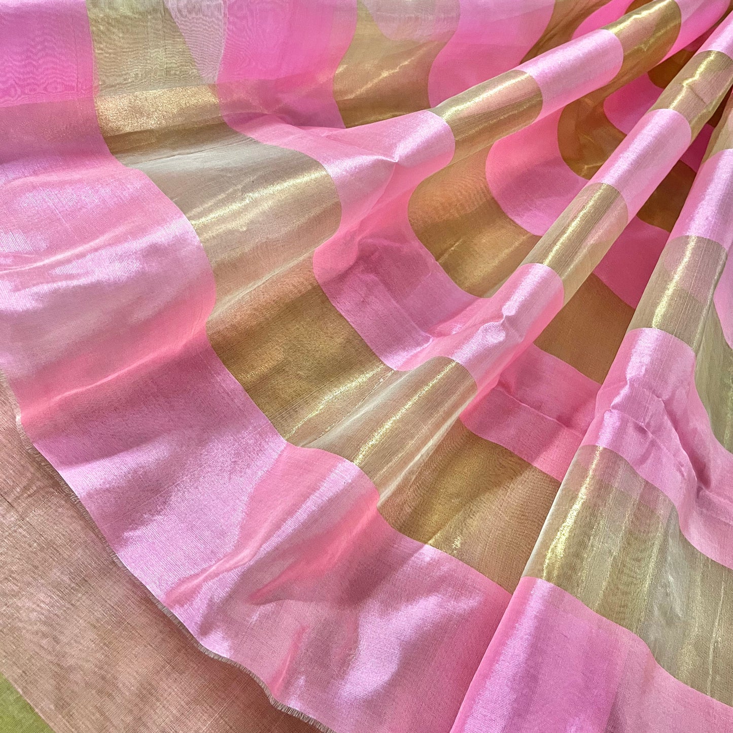 Pink and gold chanderi silk saree with zari stripes