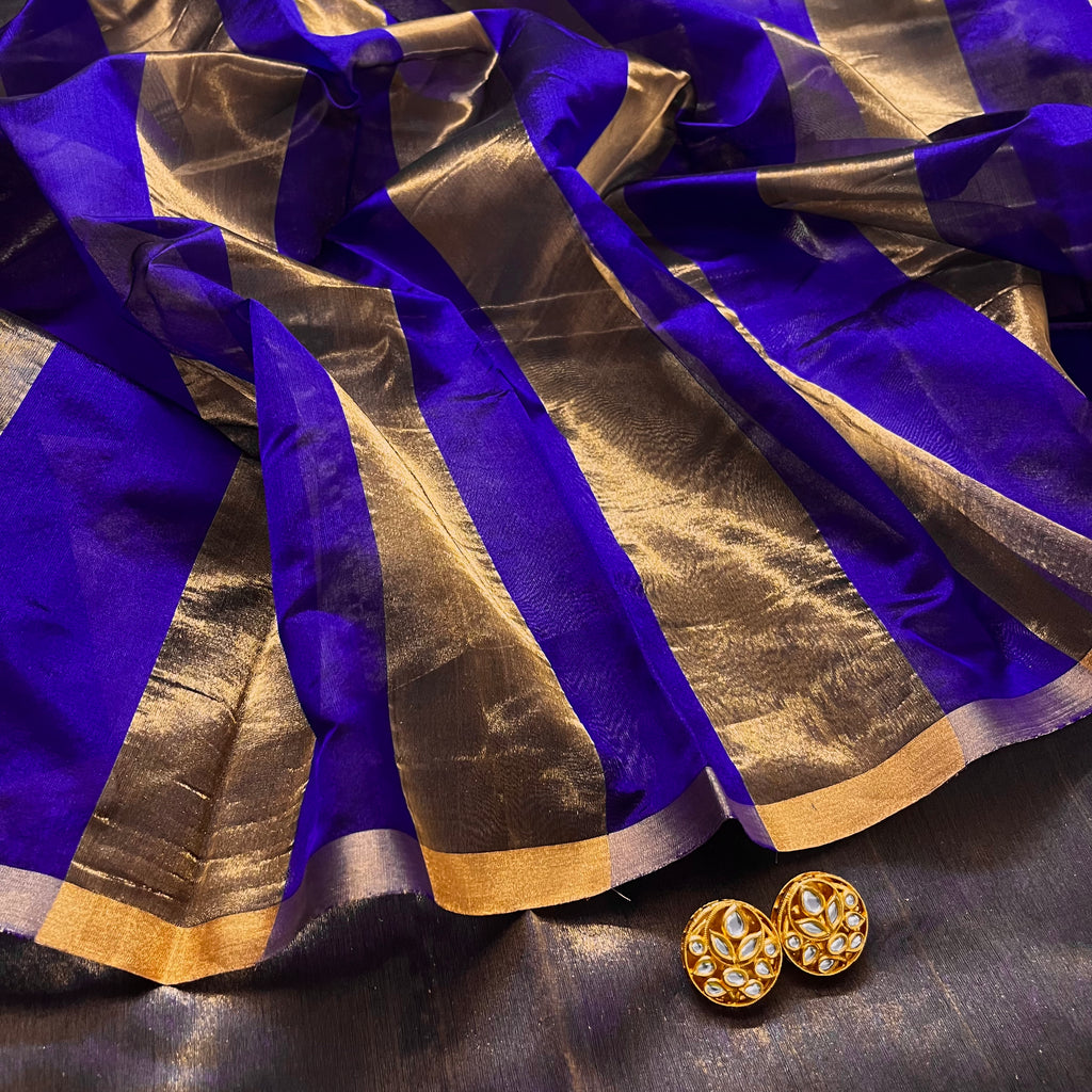 Dark purplish blue Chanderi silk saree with zari stripes