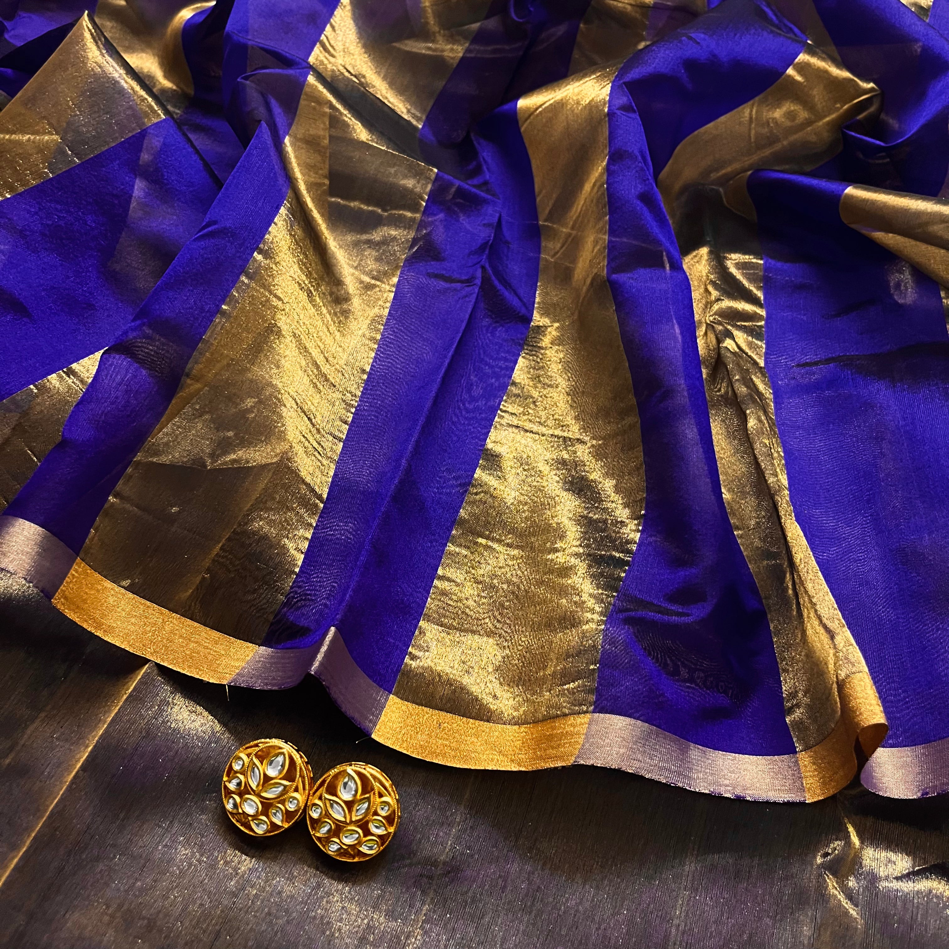 Dark purplish blue Chanderi silk saree with zari stripes