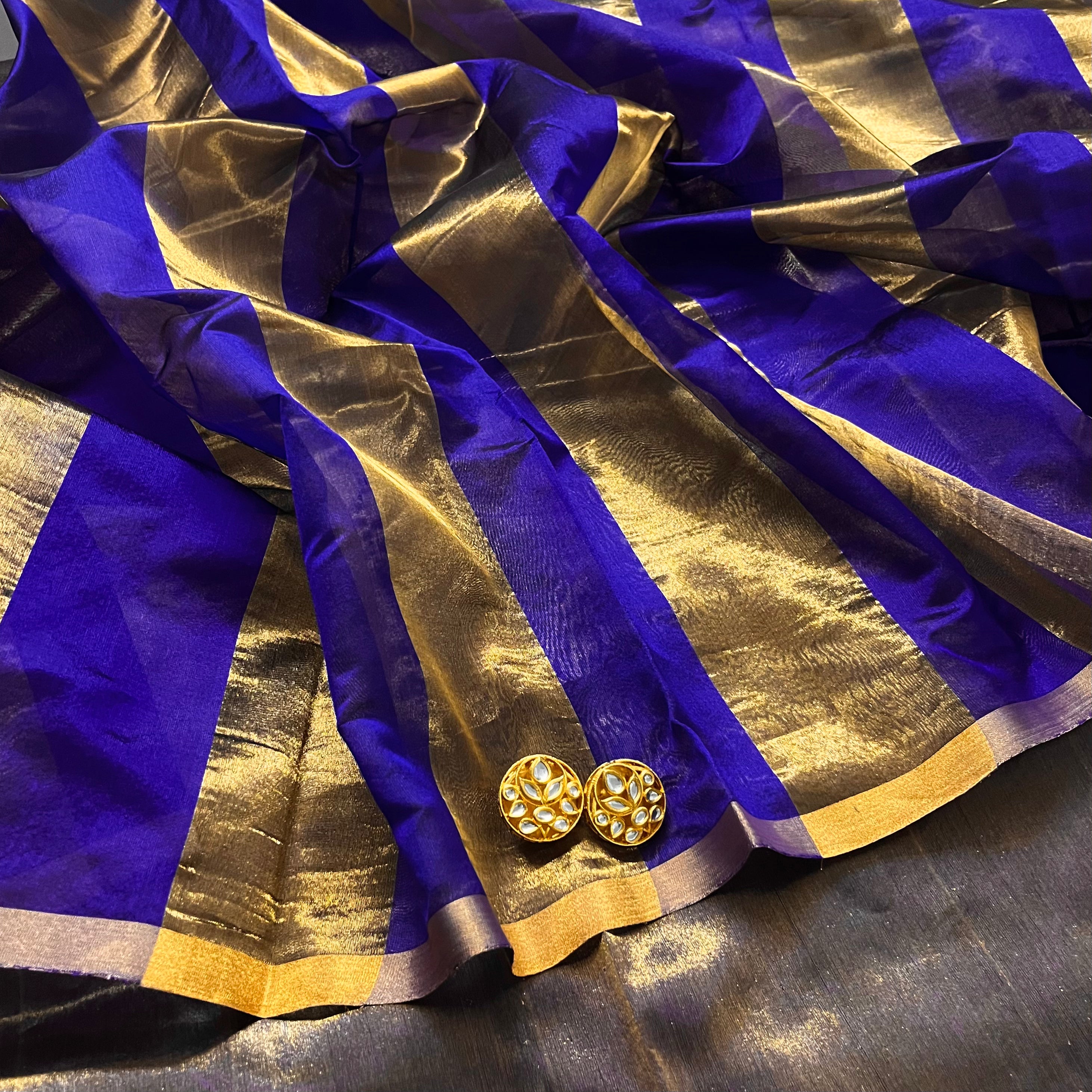 Dark purplish blue Chanderi silk saree with zari stripes