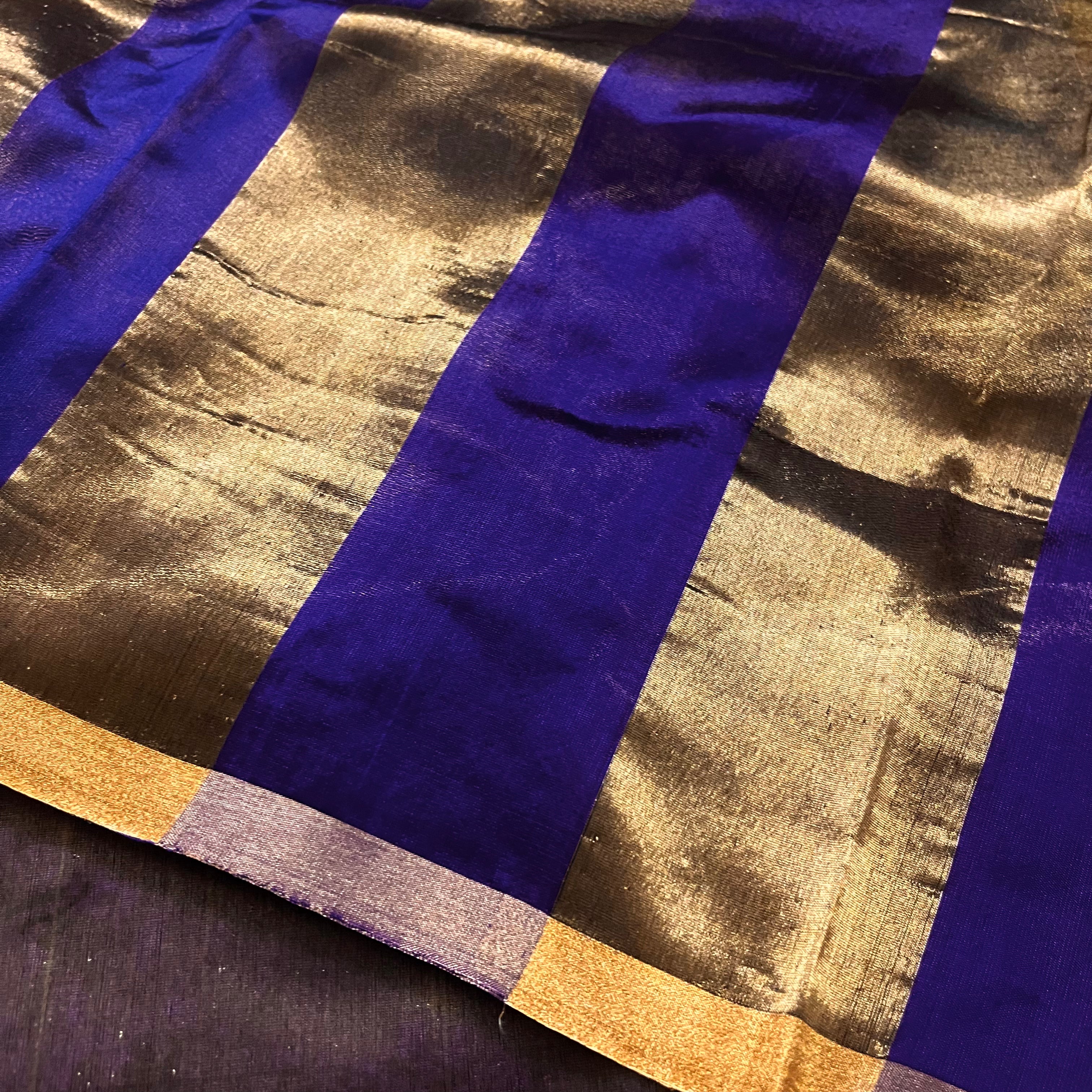 Dark purplish blue Chanderi silk saree with zari stripes