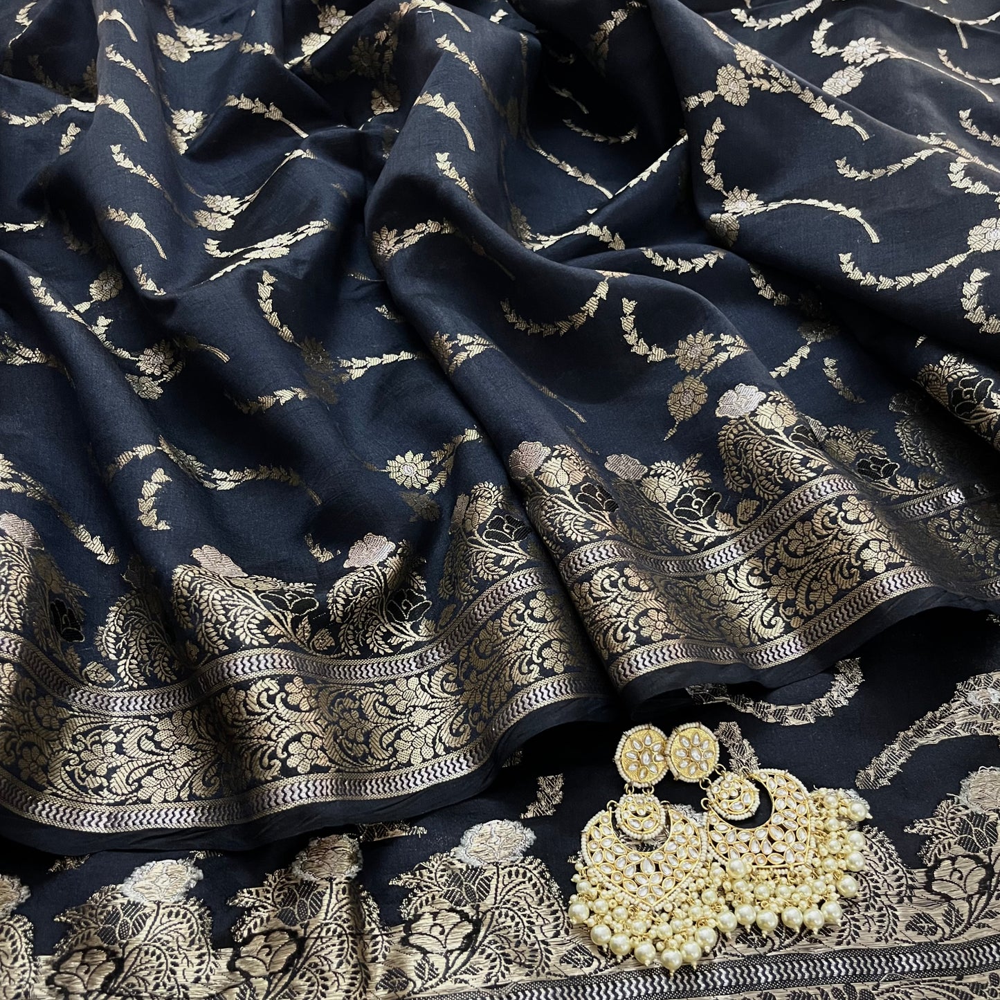 Black banarasi silk saree with zari jaal work all over