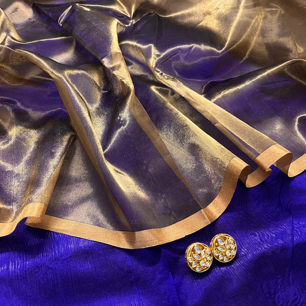 Dark purplish blue Chanderi silk saree with zari stripes