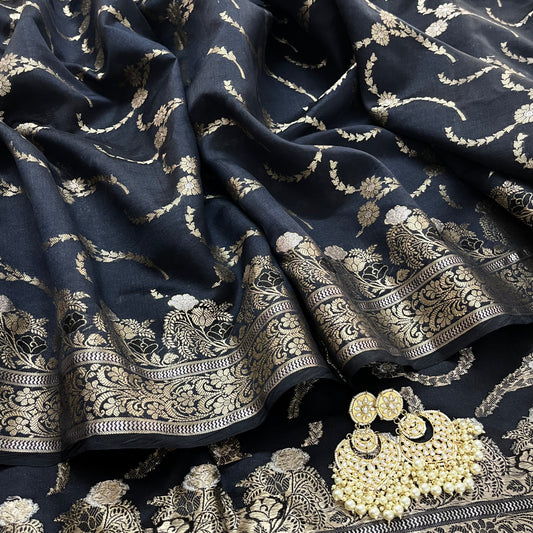 Black banarasi silk saree with zari jaal work all over