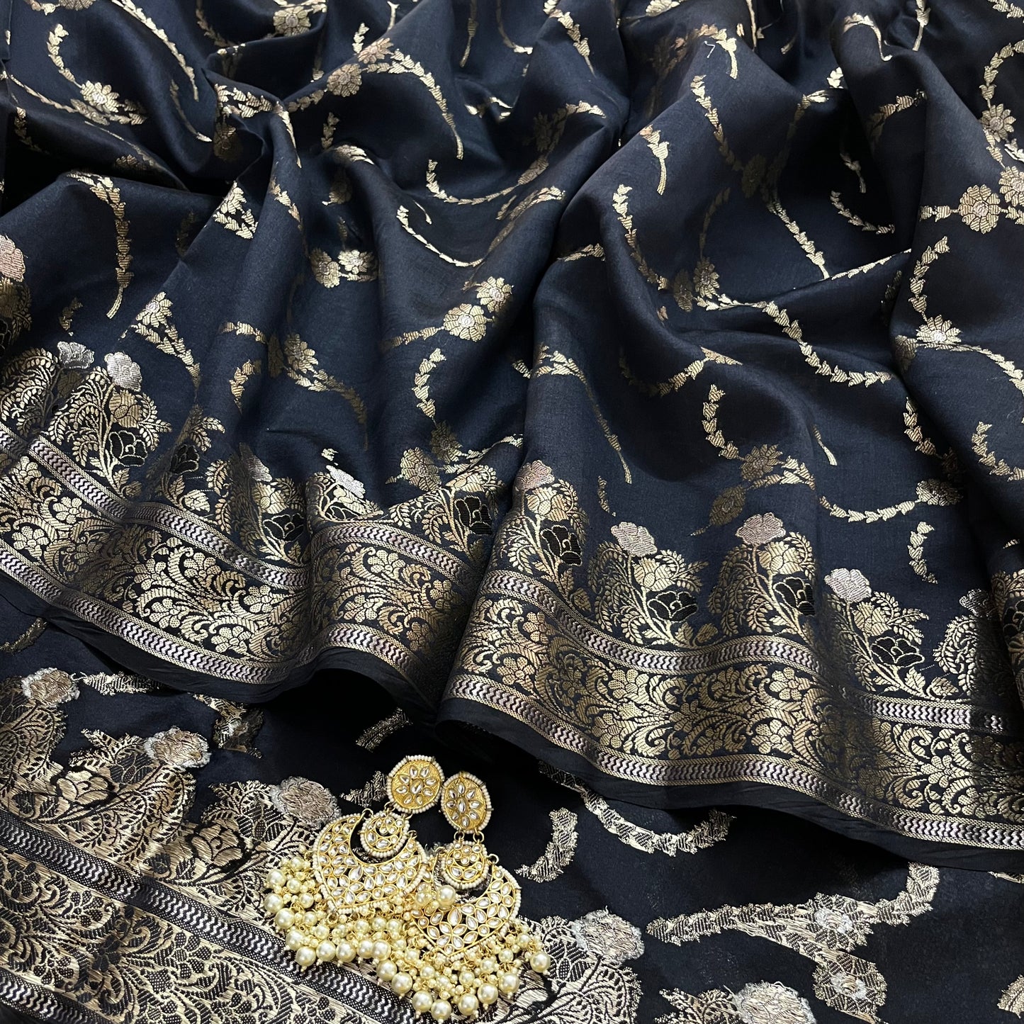 Black banarasi silk saree with zari jaal work all over