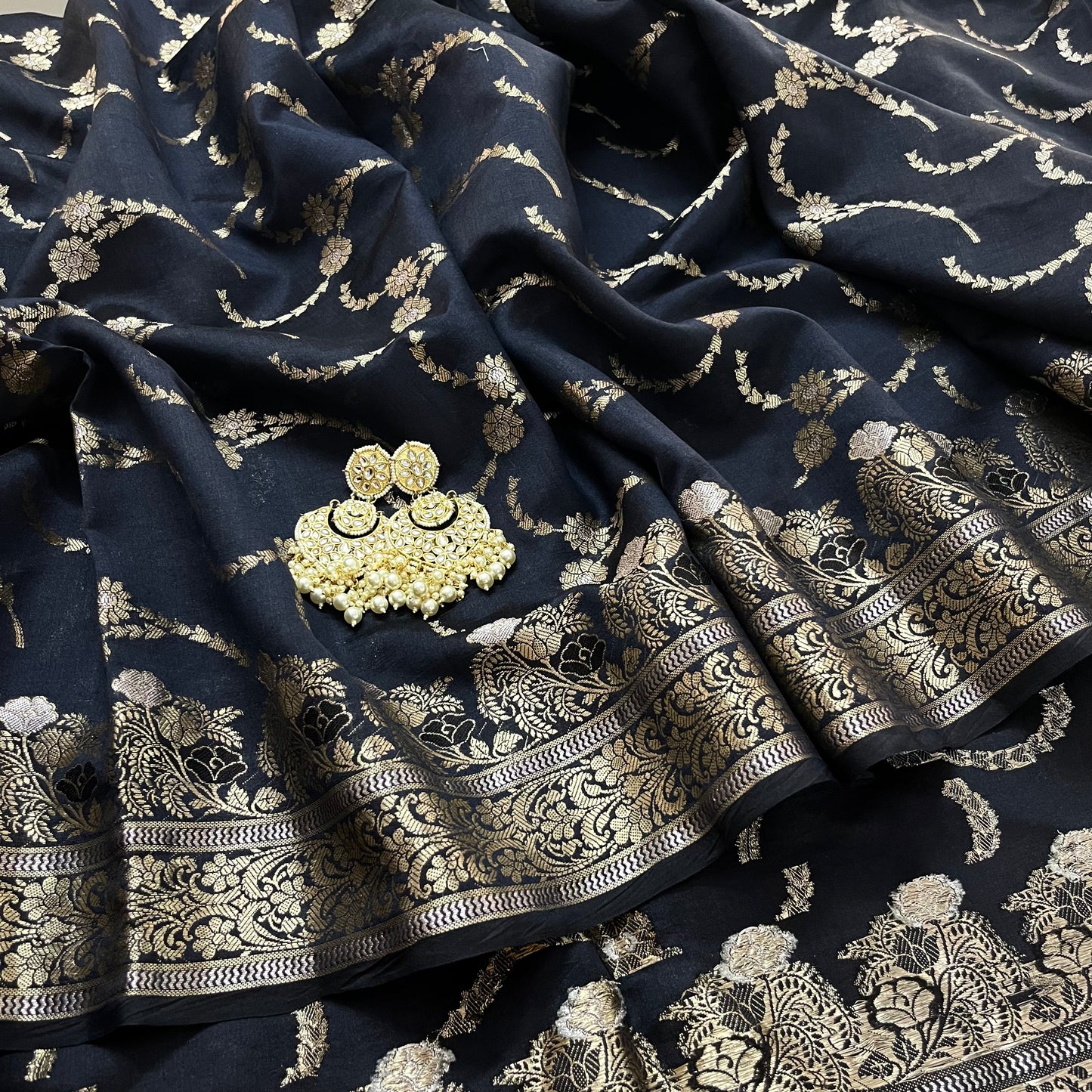 Black banarasi silk saree with zari jaal work all over