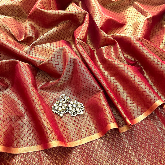 Deep maroon maheshwari saree with zari pattern all over