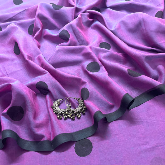 Violet and black mulmul saree with polka dots