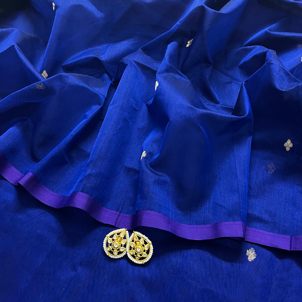 Dark blue maheshwari saree with zari bootis all over