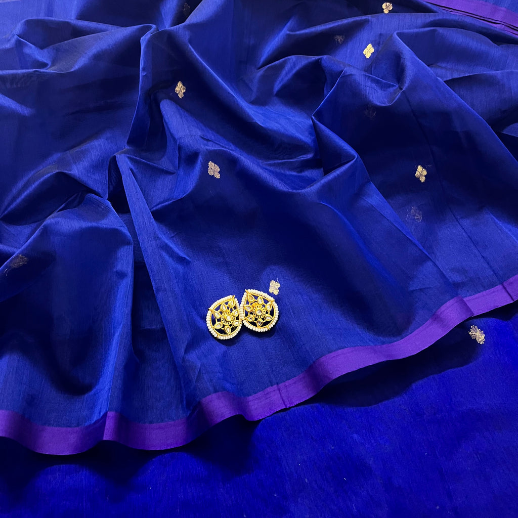 Dark blue maheshwari saree with zari bootis all over