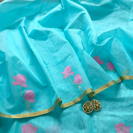 Summer blue chanderi saree with pink flower motifs all over