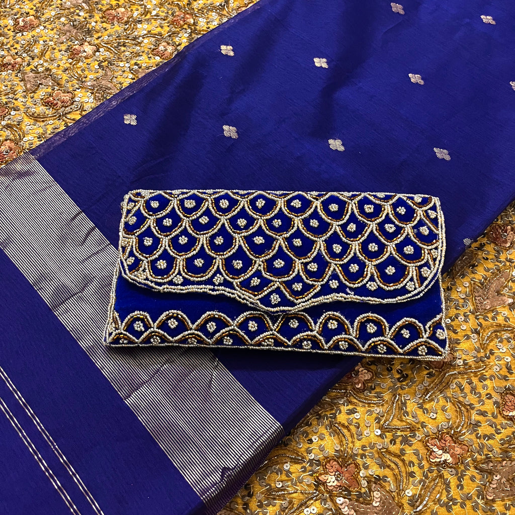 Dark blue maheshwari saree with zari bootis all over