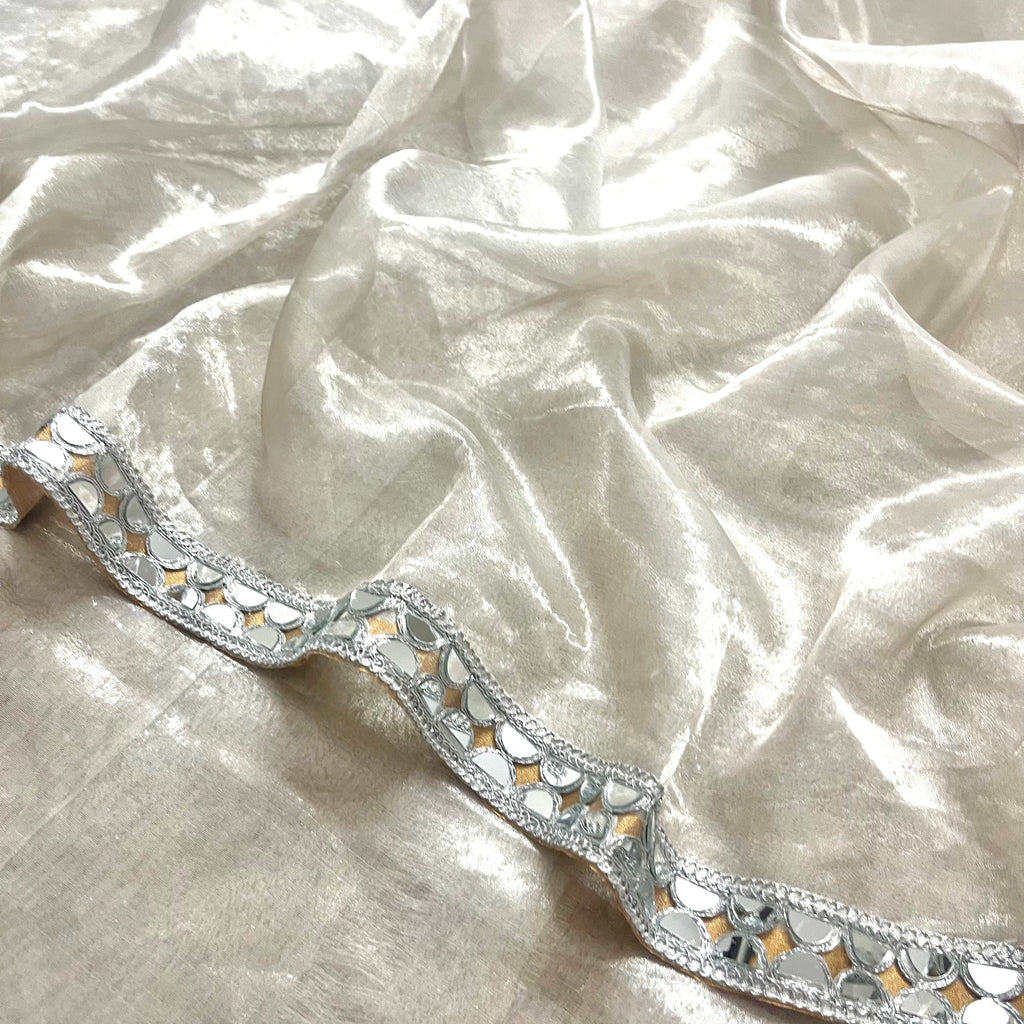 Molten silver and gold chanderi tissue silk saree with mirror work border