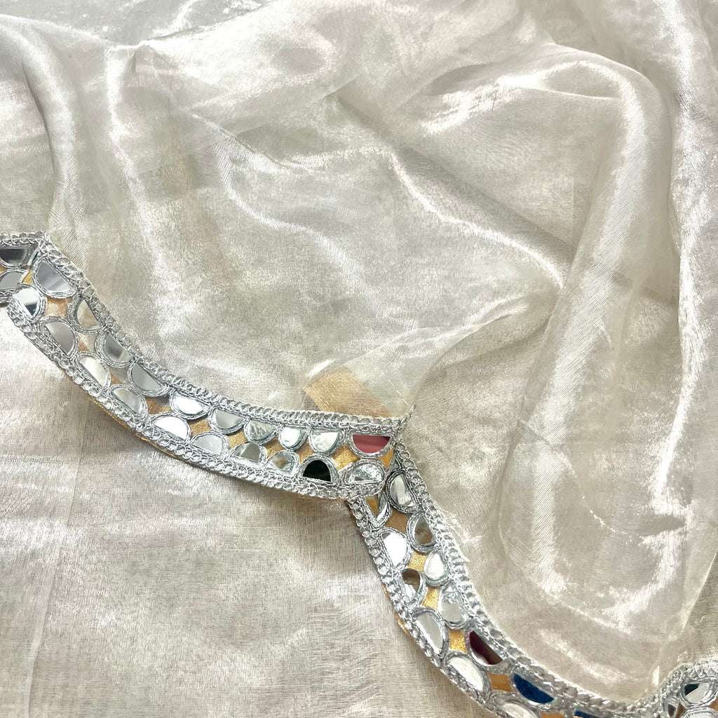 Molten silver and gold chanderi tissue silk saree with mirror work border