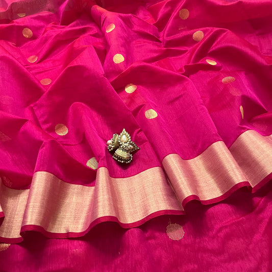 Rani pink chanderi saree with zari bootis all over