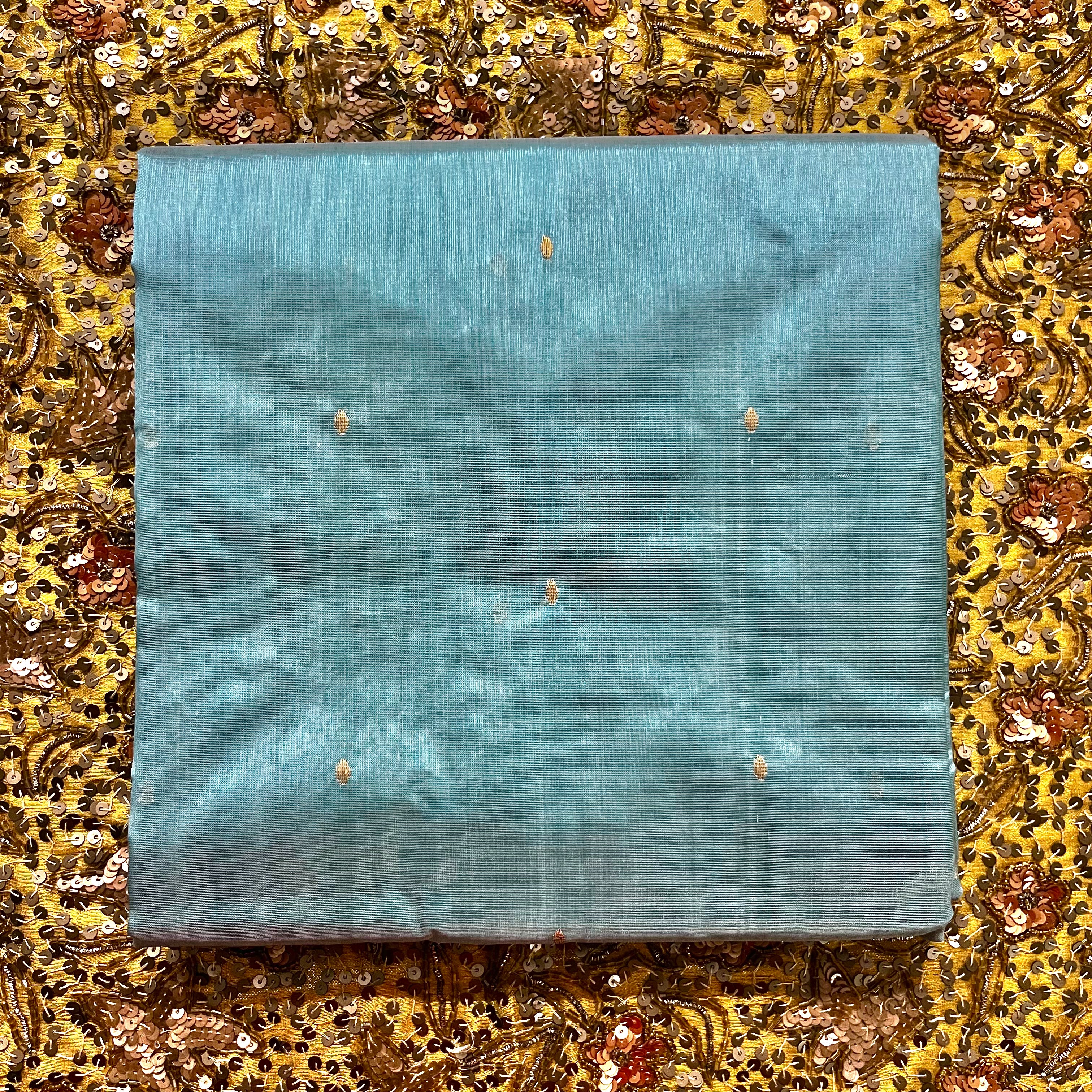 Baby blue chanderi silk saree with zari bootis all over