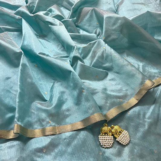 Baby blue chanderi silk saree with zari bootis all over