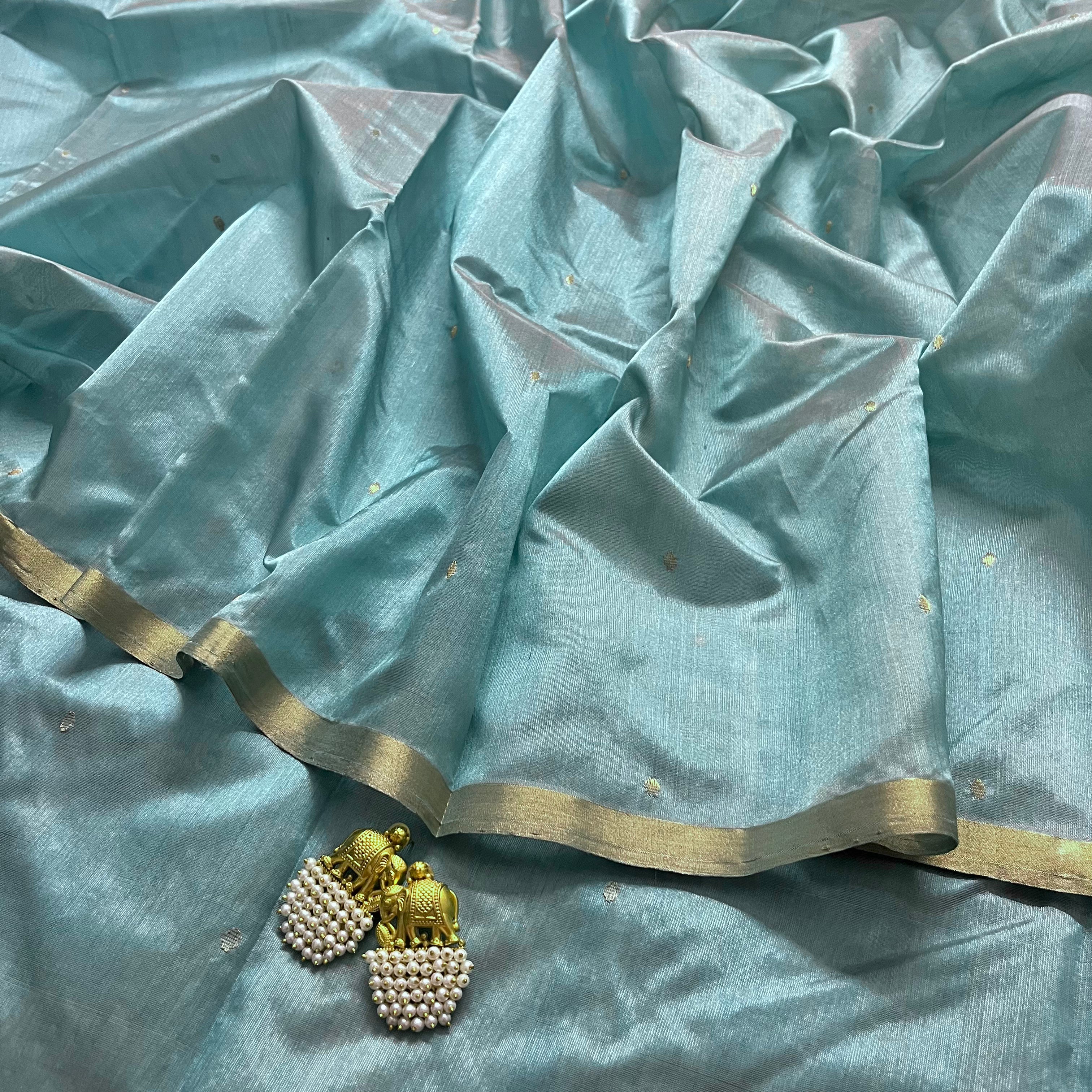 Baby blue chanderi silk saree with zari bootis all over