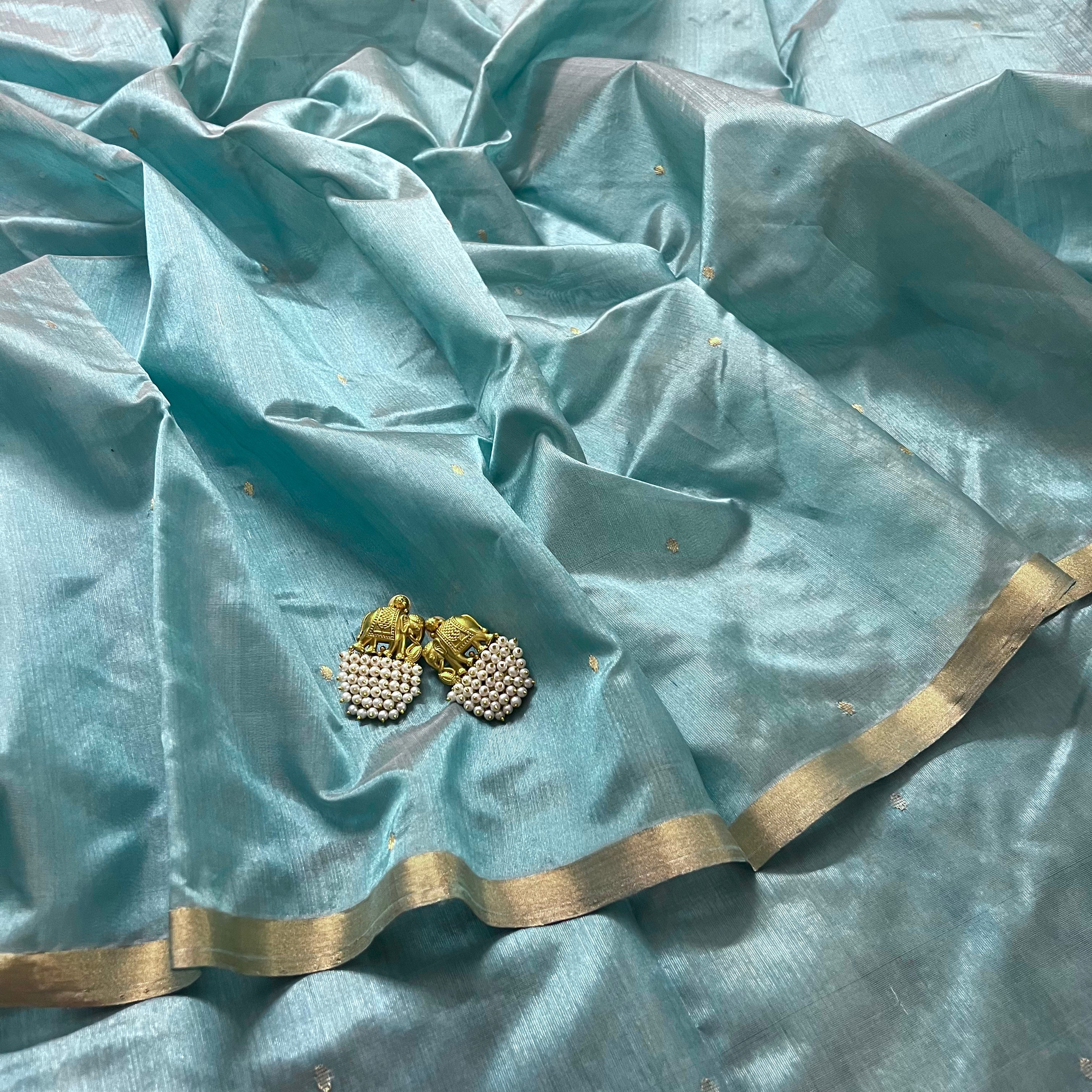 Baby blue chanderi silk saree with zari bootis all over