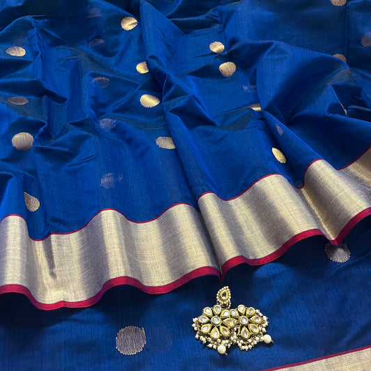 Dark blue chanderi saree with zari bootis all over