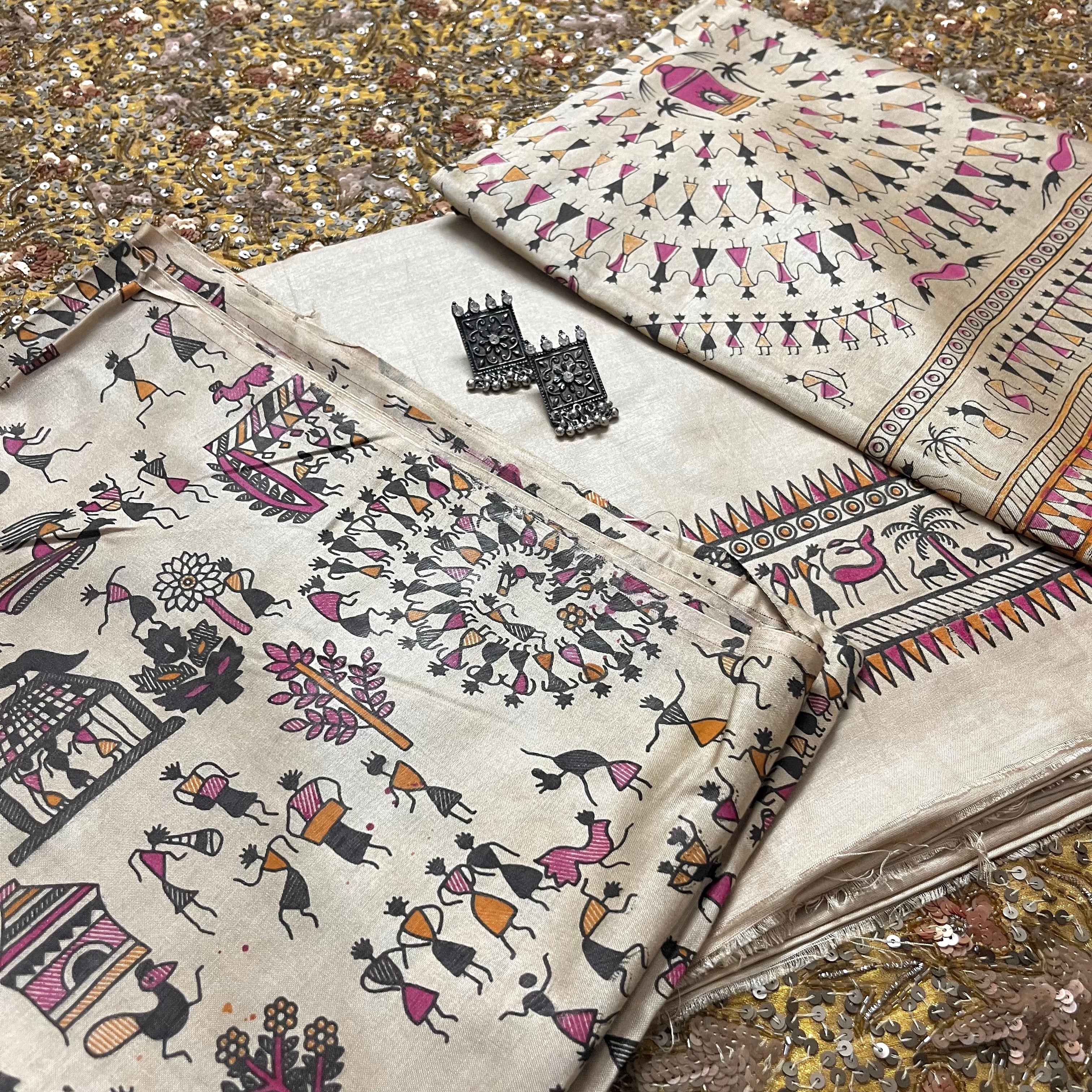 Beige bhagalpuri suit with madhubani print all over