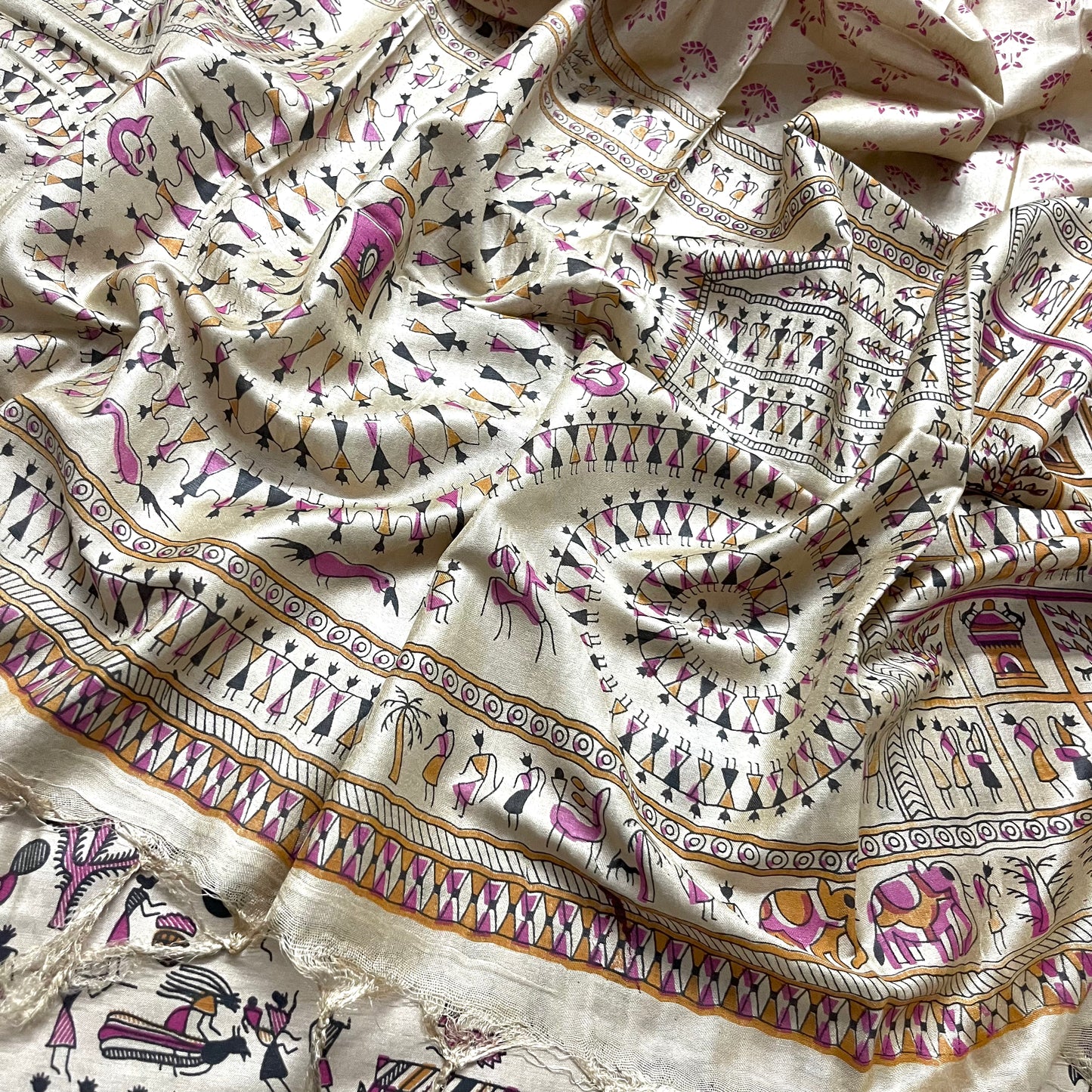 Beige bhagalpuri suit with madhubani print all over