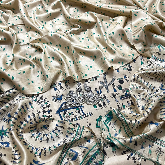 Beige bhagalpuri suit with madhubani print all over
