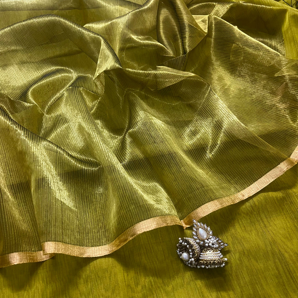 Gold olive maheshwari saree with zari border