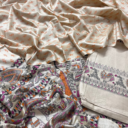 Beige bhagalpuri suit with madhubani print all over